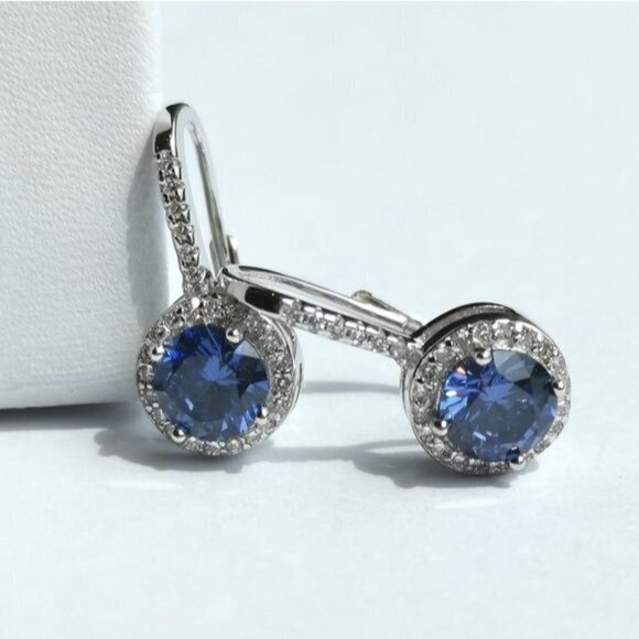 NEW Tanzanite CZ halo drop earrings in Sterling Silver lever back - Picture 7 of 7